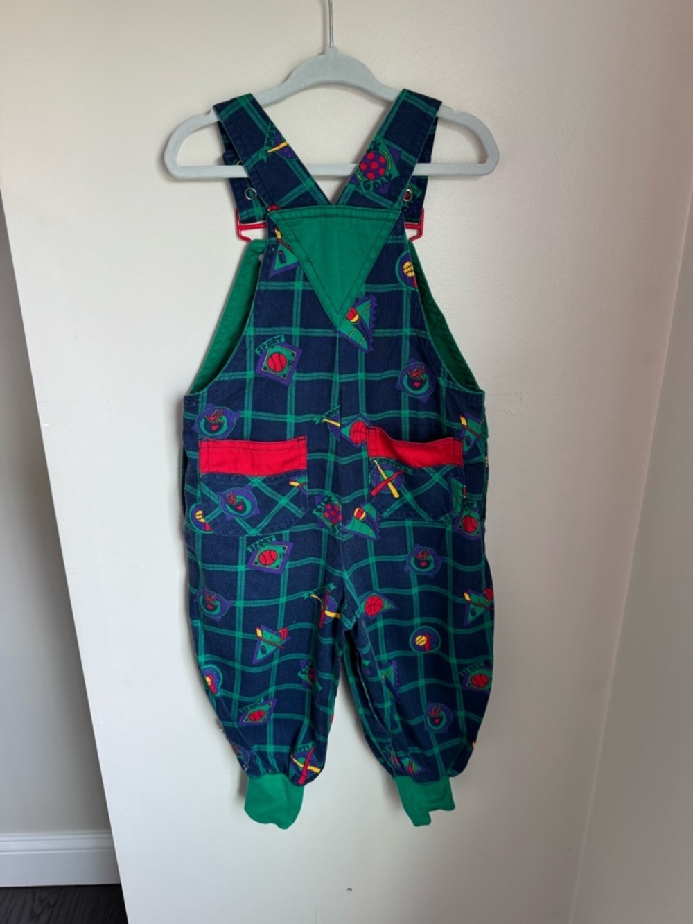 Gymboree Vintage Rainbow Tag Plaid Sports-Print Kids Overalls Size Small - Picture 7 of 8